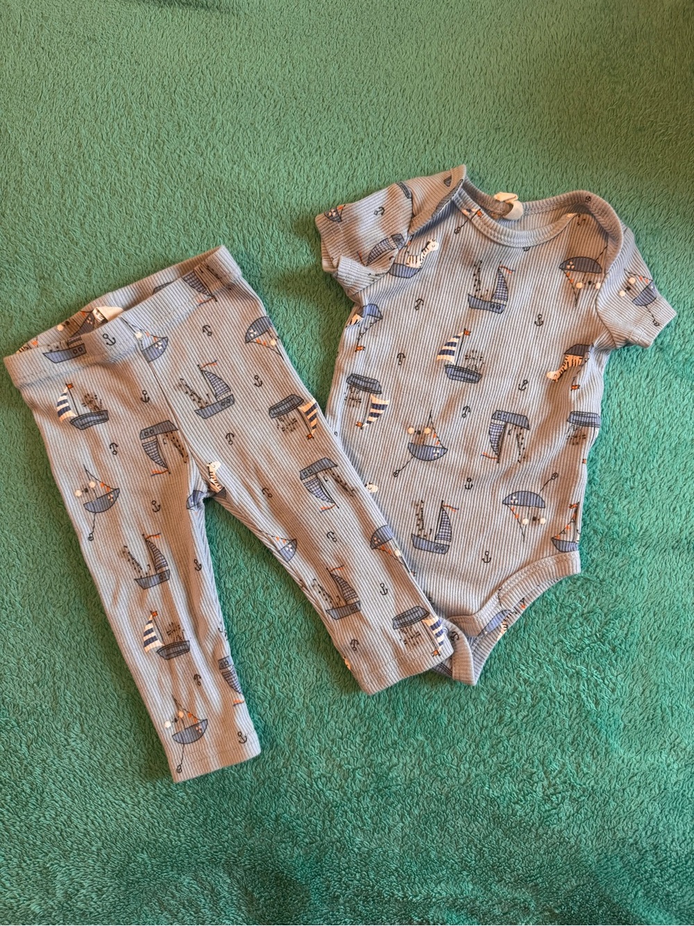 Baby Blue Sailboat Ribbed One-Piece & Pants Set